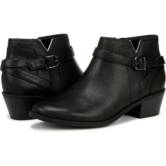 Vionic Shoes - Vionic Black Pebbled Leather Buckle Ankle Boots Block Heel Side Zip